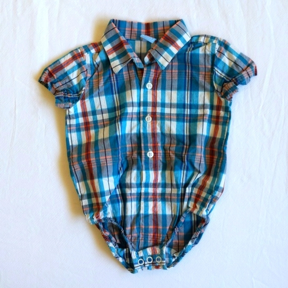children's place plaid collared short sleeve bodysuit diaper shirt 6-9 months - Picture 1 of 6